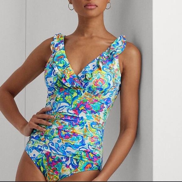 LAUREN RALPH LAURENFloral Ruffle One Piece Swimsuit